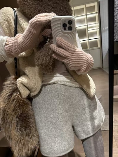 拉鏈款闊腿絲綿呢毛呢A字短褲1