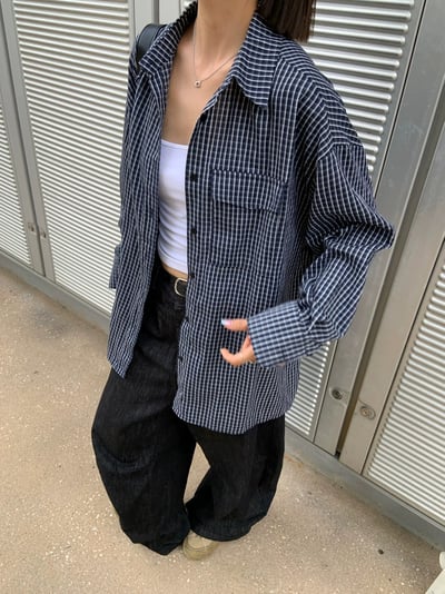 復古藏青色格紋襯衫寬鬆長袖1
