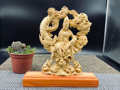 黃楊木精雕作品【龍鳳觀音】2