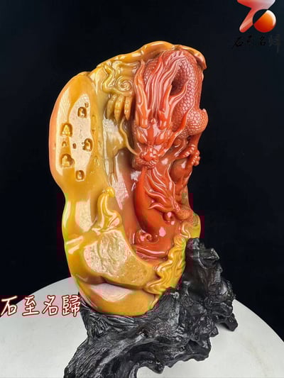 精品黃皮紅心寮國田黃石擺件【龍騰盛世】5