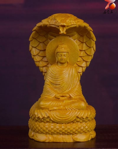 黃楊木雕件【靈蛇釋迦牟尼佛】高12.5公分4