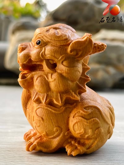 進口黃楊木雕件【Q版瑞獸麒麟】高6公分1