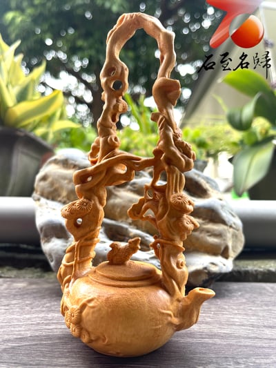 黃楊木中式家居擺件【提梁壺】高17公分3