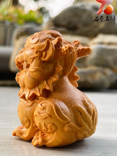 進口黃楊木雕件【Q版瑞獸麒麟】高6公分2