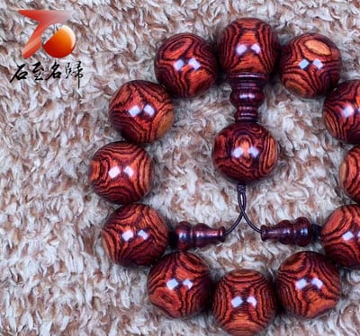 海南黃花梨野生料 頂級虎皮紋對眼鬼臉20mm手珠 重量50.9克2