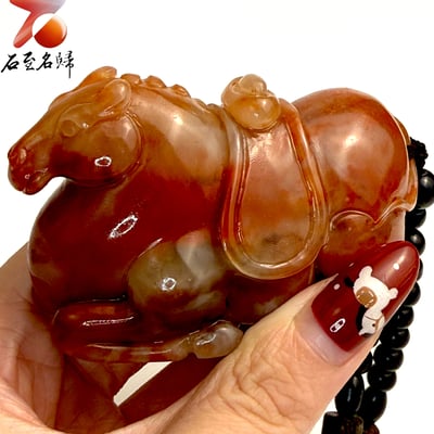 天然 老撾結晶高透光朱砂石【臥駿納寶】馬年開運石雕/手把件5