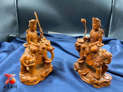 古件【文殊普賢菩薩套組】 附精美收藏禮盒 文殊菩薩高度約13.5公分、普賢菩薩高度約13公分2