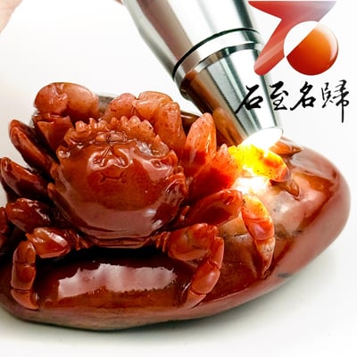 老撾朱砂石手工精雕 張國民老師作品【朱荷蟹瑞・和氣生財】9