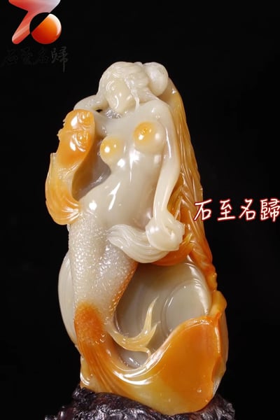 天然俏色巧雕老撾石 純手工雕刻精品【美人魚】5