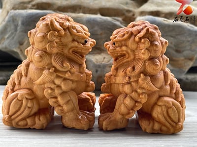 崖柏木雕件【北京獅套組】單隻高6公分4