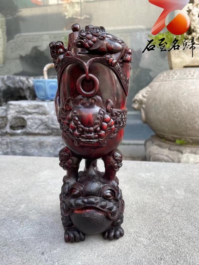印度小葉紫檀高油密老料製【金蟾戴螭龍招財杯】1