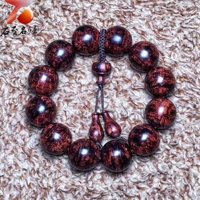 極品海南黃花梨老料 芝麻點+瘤疤花20mm手珠 重量53.7克6