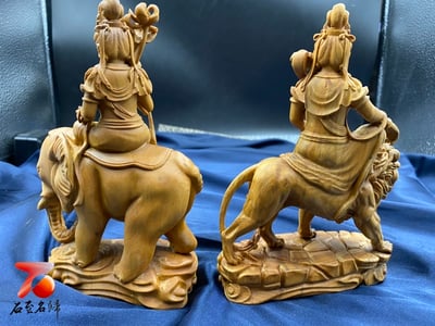 小葉黃楊木【文殊普賢菩薩套組】 附精美收藏禮盒 高度約17公分4