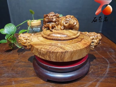 天然 海南黃花梨蜘蛛＋水波山水紋【招財貔貅聚寶盤】1