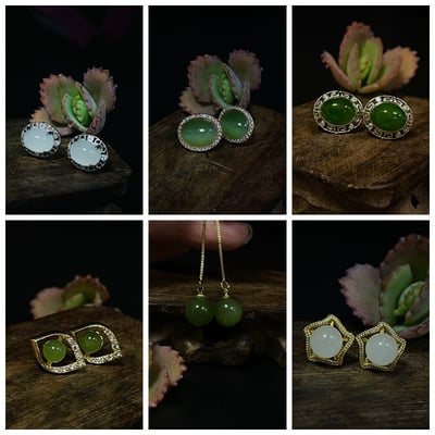 和田玉/貓眼碧玉/碧玉耳針式耳環 附精美收藏禮盒1