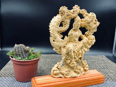 黃楊木精雕作品【龍鳳觀音】1