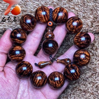 鼎藏 海南黃花梨沉水老料 鳳尾水波紋20mm手珠 重量63.1克5