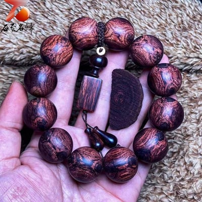 臻藏 海南黃花梨油梨老料 特色紋理+京劇臉譜+X紋對眼20mm手珠 重量46.9克5