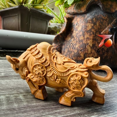 天然 嚴選崖柏木整料雕刻｜財運如虹牛【金牛送福】2