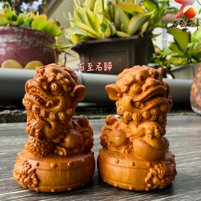 天然黃楊木整料雕刻【守福守財．吉祥古獅套組】4