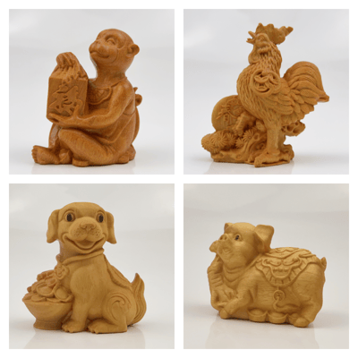 天然黃楊木整料雕刻 十二生肖套組 每個均附精裝收藏禮盒3
