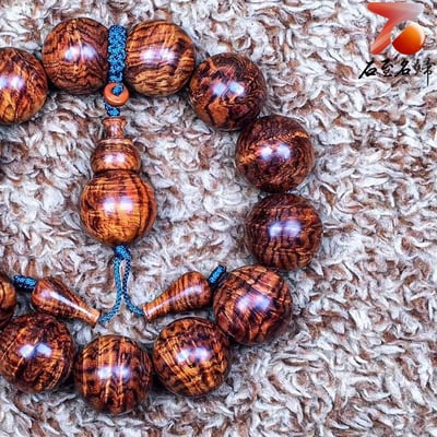 臻藏 海南黃花梨老料 極品七彩水波紋+瘤疤花18mm手珠 重量48.2克3