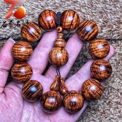 鼎藏 海南黃花梨沉水老料 黃金鳳尾水波20mm手珠 重量61.6克5