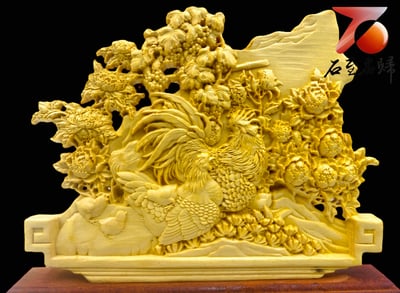 黃楊木精雕＋尚比亞紫檀底座作品 【鴻運當頭】附精美收藏禮盒1