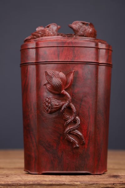 印度小葉紫檀 清刀款【鴛鴦戲水-大茶葉罐】3