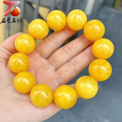 大器之選 極致之美 精品蜜蠟手珠 滿蜜雞油黃／黃花圓珠21mm手串4