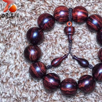 精品 海南黃花梨沉水紫油梨老料 水波紋18mm手珠 重量50.7克2