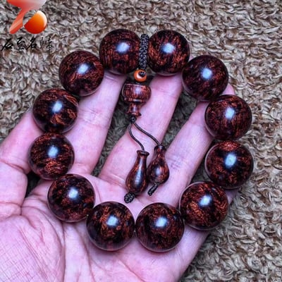 極品海南黃花梨老料 芝麻點+瘤疤花20mm手珠 重量53.7克5