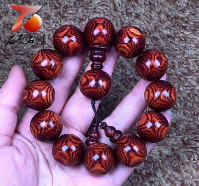 海南黃花梨野生料 頂級虎皮紋對眼鬼臉20mm手珠 重量50.9克5