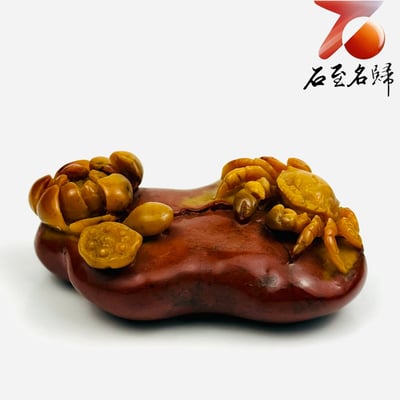 老撾石手工精雕 張國民老師作品【金蟹伴蓮・富貴連年】1