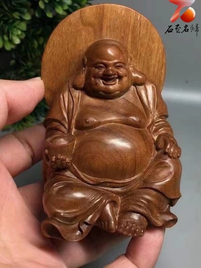 天然野生 印度邁索爾老山檀香 頂級黑肉沉水去心二膘料【彌勒佛】2