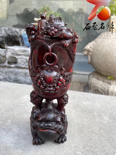 印度小葉紫檀高油密老料製【金蟾戴螭龍招財杯】8