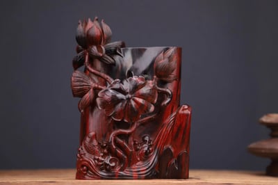 印度小葉紫檀精工作品【蓮年有餘筆筒】2