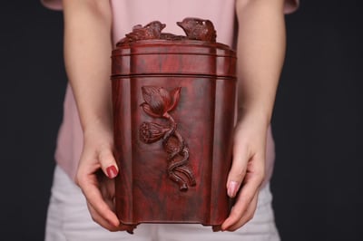 印度小葉紫檀 清刀款【鴛鴦戲水-大茶葉罐】1