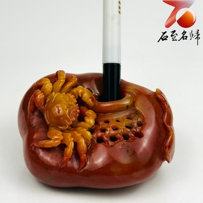 老撾石手工精雕 張國民老師作品【金蟹守筆・文財雙聚】2