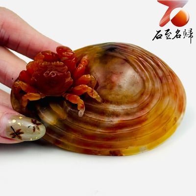 老撾高山石全透光料 手工精雕 張國民老師作品【赤蟹擁貝・金財滿堂】2