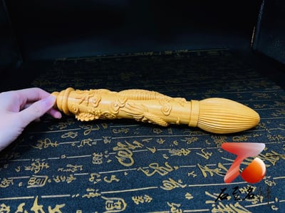 黃楊木整料雕刻 大筆進財 筆長28公分3