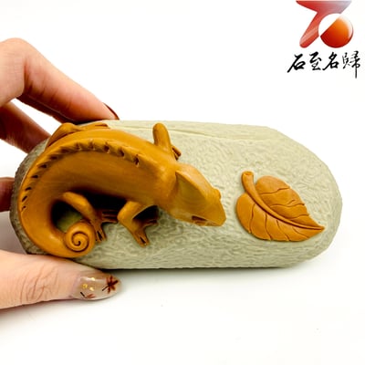 松花石手工精雕 小毛老師作品【伺機而動的變色龍】5
