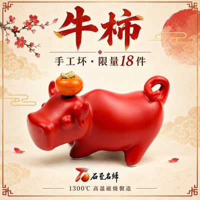 手工坏藝術品 1300°C 高溫瓷燒製【牛柿】1