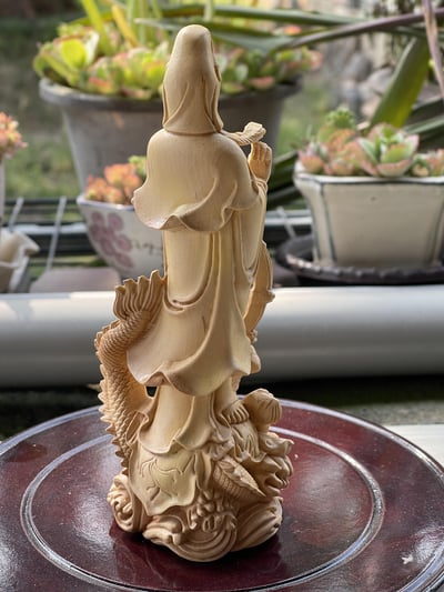 台灣現貨 實體店鋪 雲南黃楊木精雕作品【御龍觀音】2