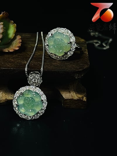 翡翠A貨+925銀項鍊【玫瑰造型戒指+吊墜項鍊套組】戒圍可伸縮 附玉石鑑定書1