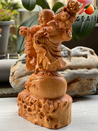 黃楊木佛像擺件【袋財彌勒】高14.5公分4