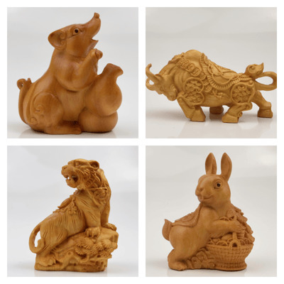 天然黃楊木整料雕刻 十二生肖套組 每個均附精裝收藏禮盒1