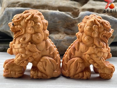 崖柏木雕件【北京獅套組】單隻高6公分2