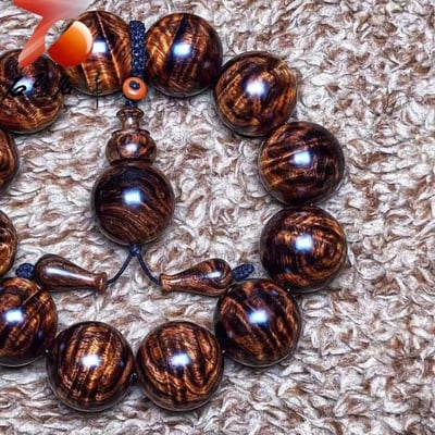 鼎藏 海南黃花梨沉水老料 鳳尾水波紋20mm手珠 重量63.1克3