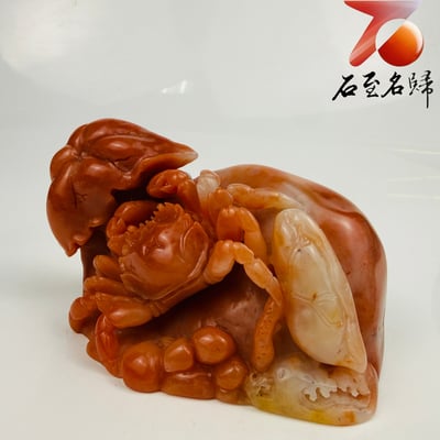 老撾石手工精雕 張國民老師作品【荷香蟹影・連年有福】2